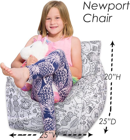 Posh Creations Structured Comfy Bean Bag Chair for Gaming, Reading, and Watching TV, Newport Chair, Canvas Coloring Fabric - Creatures