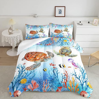CVHOUSE Sea Turtle Comforter Set,Ocean Watercolor Sea Turtle Bedding Set for Kids Teens,Ocean Sea Turtle Comforter Sea Turtle Duvet Set Room Decor Quilt Set Full Size