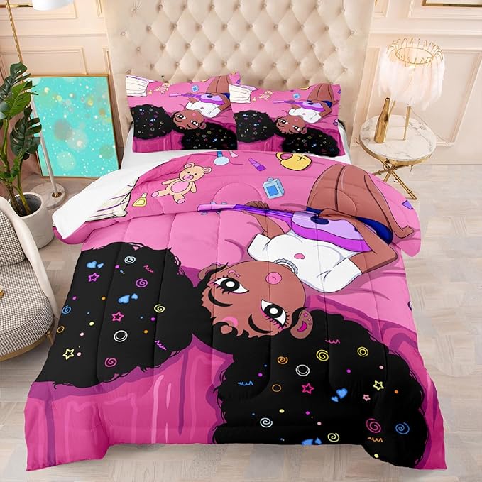 Black African American Girls Full Size Comforter Sets - Black Girl Full Size Bedding Sets for Girls Pink Princess Bedroom Sets Room Decor Full Size Comforter Set, 1 Comforter+2 Pillowcases