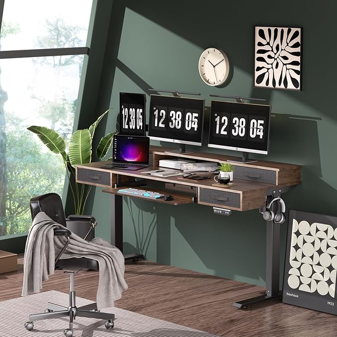 Electric Standing Desk, Multifunctional Standing Desk Adjustable Height, 63 * 24 Standing Desk with 4 Drawers, Ergonomic Adjustable Standing Desk with Keyboard Tray, Rustic Brown