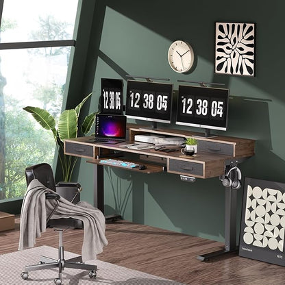 Electric Standing Desk, Multifunctional Standing Desk Adjustable Height, 63 * 24 Standing Desk with 4 Drawers, Ergonomic Adjustable Standing Desk with Keyboard Tray, Rustic Brown