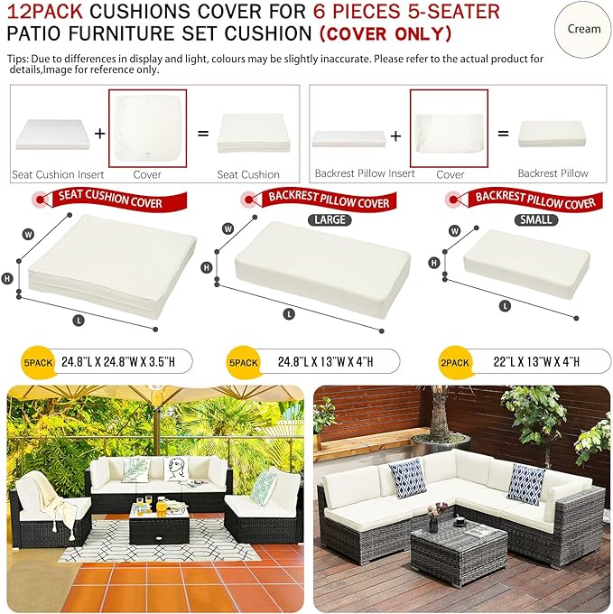 ClawsCover 12 Pack Outdoor Seat and Back Cushions Replacement Covers Fit for 6Pieces 5-Seater Wicker Rattan Patio Furniture Conversation Set Sectional Couch Chairs,Cream-Include Cover Only