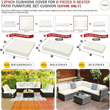 ClawsCover 12 Pack Outdoor Seat and Back Cushions Replacement Covers Fit for 6Pieces 5-Seater Wicker Rattan Patio Furniture Conversation Set Sectional Couch Chairs,Cream-Include Cover Only