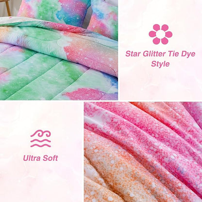 A Nice Night Galaxy Bedding Sets Outer Space Comforter 3D Printed Space Quilt Set Twin Size Glitter Pink Green Color,for Children Boy Girl Teen Kids
