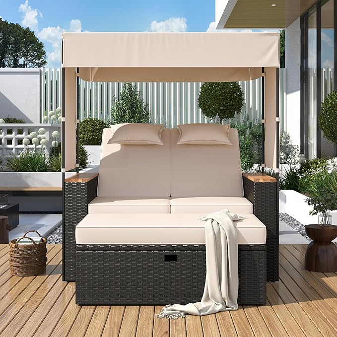 Outdoor Patio Conversation Set, 2-Piece Patio Bench Rattan Roof Set, Effective UV Protection Fabric & Waterproof Cushions and Adjustable Backrest for Garden, Backyard and Porch