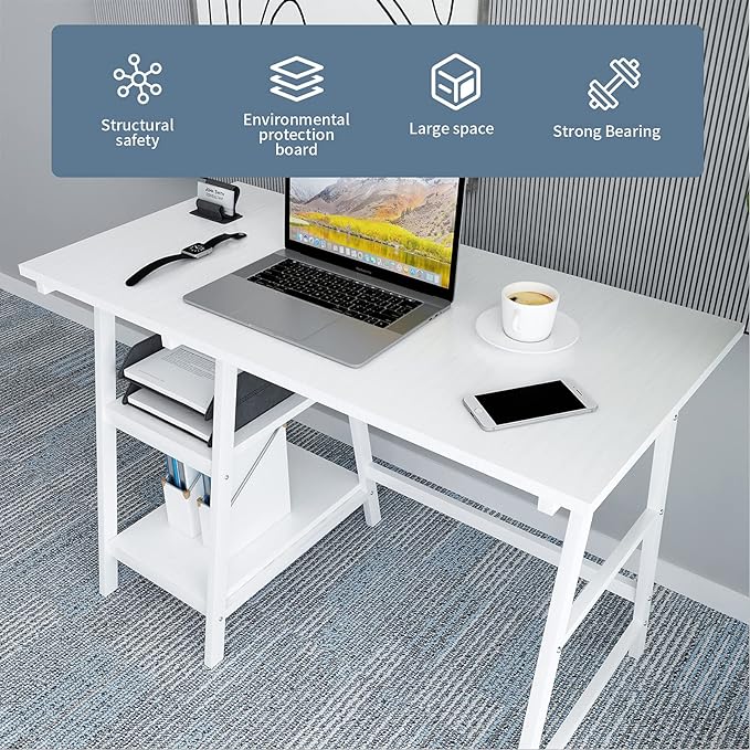 Natwind 43" White Desk Home Office Computer Working Kid Student Study Table with 2-Tier Storage Bookshelves Modern Simple Study Laptop Writing Elegant Style Desk Workstation
