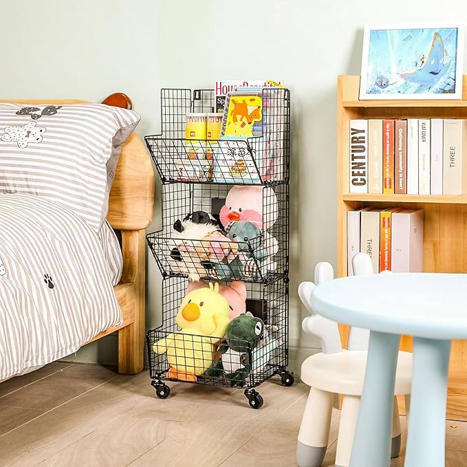 3 Tier Metal Wire Baskets - Toy Organizer Basket Shelf with Wheel, S-Hooks, Rolling Cart Hanging Storage Baskets for Child Room, Playroom, Bedroom, Kitchen (Black)