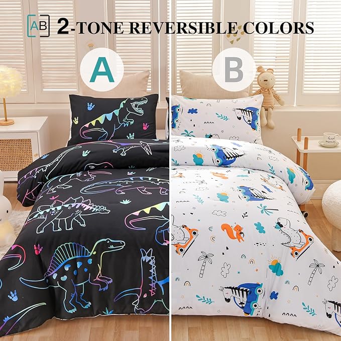 Meeting Story Dinosaur Comforter Set,Fluorescence Dinosaur Colorful Pattern Twin Comforter Set, 3 PCS 1 Comforter and 2 Pillowcases in One Bag, All Season Bedspread for Kids Teens Adults(Full)