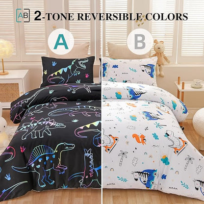 Meeting Story Dinosaur Comforter Set,Fluorescence Dinosaur Colorful Pattern Twin Comforter Set, 3 PCS 1 Comforter and 2 Pillowcases in One Bag, All Season Bedspread for Kids Teens Adults(Full)