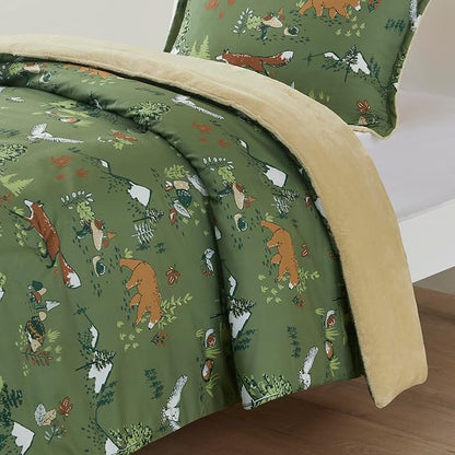 Mi Zone Kids Queen Comforter Set, Reversible Plush Kids Comforter Set, Cozy Plush Reverse Bedding, Winter Fluffy Comforter Bed Set, 2 Shams, Enchanting Forest Animals, Full/Queen, Sage Green 3 Piece