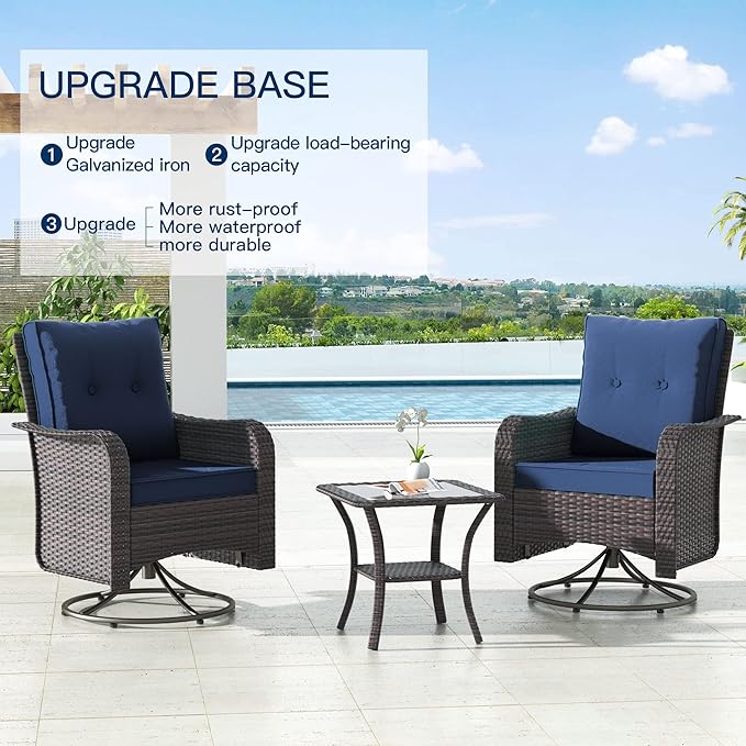 Kullavik 11PCS Outdoor Patio Furniture Set,PE Wicker Rattan Sectional Sofa Patio Conversation Sets with 43" 55000BTU Gas Propane Fire Pit Table,Swivel Rocking Chairs Set,Navy Blue