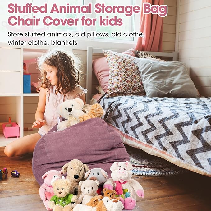 2 Pcs 100L Stuffed Animal Storage Bean Bag Chair Cover (No Filler) for Kids Soft Corduroy Stuffable Bean Bag Zipper for Organizing Children Plush Toys(Dusty Pink)