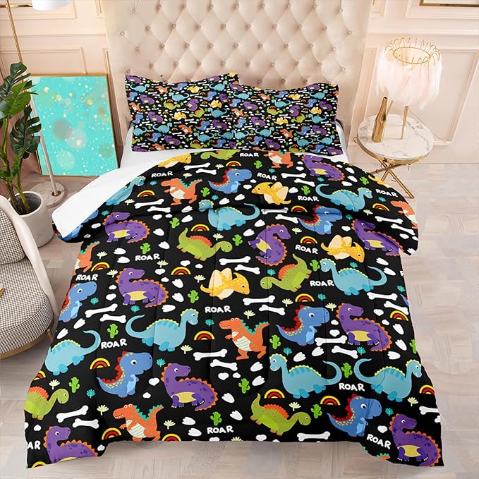 Dinosaur Full Size Bedding Set - Cartoon Dinosaur Full Size Comforter Sets for Boys Soft Breathable Dino Quilt Kids Comforter Set Decor for Boys Bedroom, 1 Comforter 2 Pillowcase