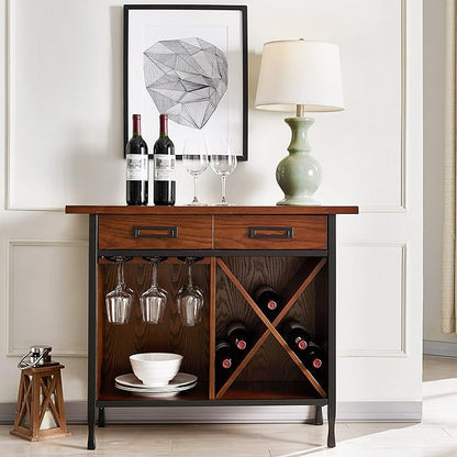 Leick Home 11240 Ironcraft Rustic One Drawer Mini-bar/Wine Stand with Glass and Bottle Storage, Mission Oak, 16 x 36 x 30