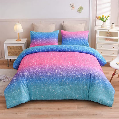 A Nice Night 6Pcs Gradient Glitter Bedding Set for Girls Twin Size, Colorful Rainbow Galaxy Comforter Set, Ultra Soft Bedding Sets, Blue