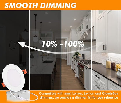 CLOUDY BAY 6 Pack 4 Inch 5CCT Ultra-Thin LED Recessed Ceiling Light with Junction Box,2700K/3000K/3500K/4000K/5000K Selectable,10W Dimmable Canless Wafer Downlight,White,650LM High Brightness