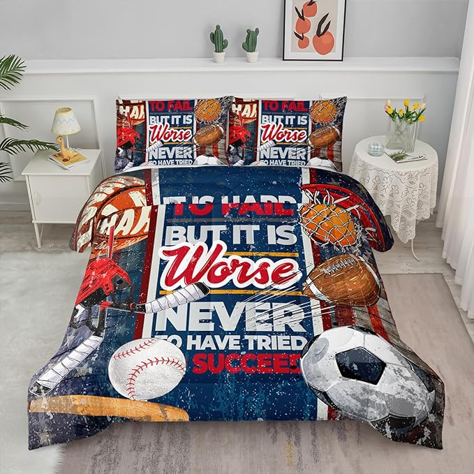 Axolotl Sports Comforter Set Twin Size,Sports Theme Comforter Set Baseball Football Bedding Set,Sports Bedding Set 3D Soccer Comforter Set Basketball Bedding for Boys Teens Men,1 Quilt 2 Pillowcases