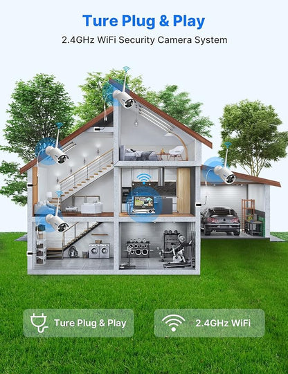 [10CH Expandable] Hiseeu Wireless Security Camera System with 10in LCD 4K Monitor, 4Pcs 5MP Outdoor Indoor Cameras with One-Way Audio, Waterproof, Motion Detect, 1TB HDD/Cloud Storage, Work with Alexa