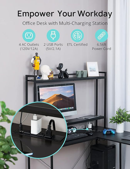 Evajoy L Shaped Computer Desk with Power Outlets and USB Ports, Reversible L-Shaped Corner Gaming Desk with Storage Shelves, 94.5’’ Industrial 2 Person Home Office Desk with Monitor Stand for Home