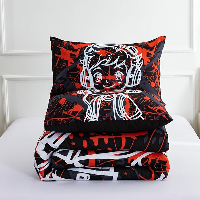Btargot Colorful Camouflage Graffiti Style Comforter Set, 3 Piece Headphone Hip Hop Boy Line Pattern Bedding Set for Kids Boys Grils Teen, Twin Red