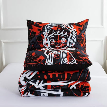 Btargot Colorful Camouflage Graffiti Style Comforter Set, 3 Piece Headphone Hip Hop Boy Line Pattern Bedding Set for Kids Boys Grils Teen, Twin Red