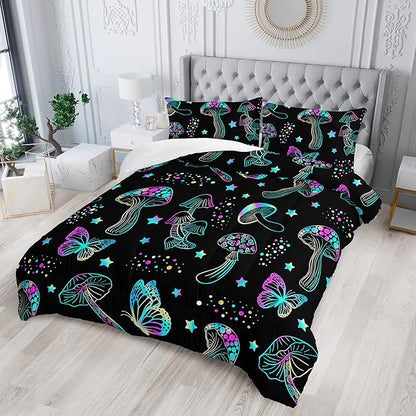 Colorful Mushroom Comforter Set Queen Size Kids Mushroom Butterfly Bedding Set Star Quilt Bed Set for Boys Girls Adults with 1 Comforter and 2 Pillowcases