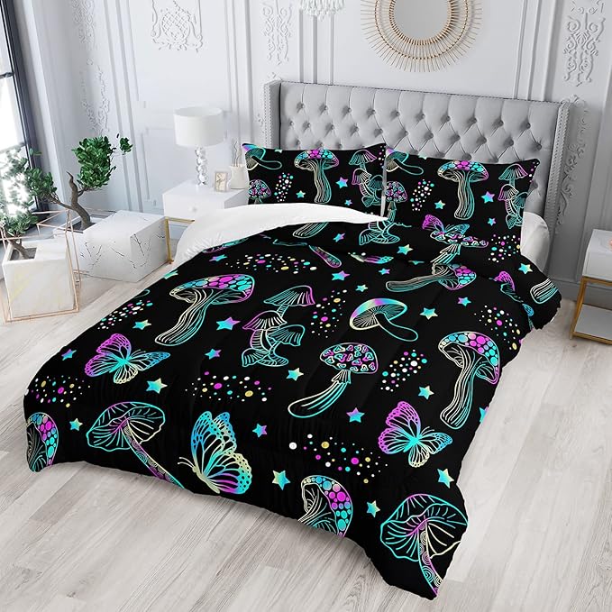Colorful Mushroom Comforter Set Twin Size Kids Mushroom Butterfly Bedding Set Star Quilt Bed Set for Boys Girls Adults with 1 Comforter and 2 Pillowcases