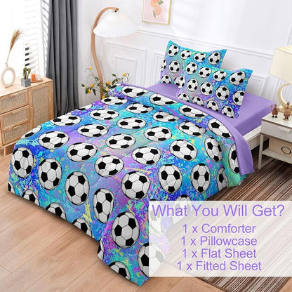 4 Piece Girls Soccer Bedding Set Twin Size Colorful Soccer Comforter Set for Teen Girls Kids Twin Bed in a Bag Set with Sheets Twin Bed Sets for Teenage