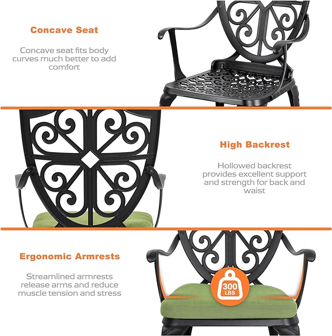 NUU GARDEN Bistro Set 3 Piece Outdoor, Cast Aluminum Patio Bistro Sets with Umbrella Hole and Green Cushions, Bistro Table and Chairs Set of 2 for Patio Backyard, Black