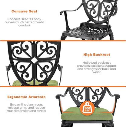 NUU GARDEN Bistro Set 3 Piece Outdoor, Cast Aluminum Patio Bistro Sets with Umbrella Hole and Green Cushions, Bistro Table and Chairs Set of 2 for Patio Backyard, Black