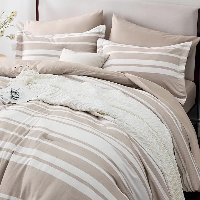 Bedsure Bed in a Bag California King Size 7 Pieces, Light Camel White Striped Bedding Comforter Sets All Season Bed Set, 2 Pillow Shams, Flat Sheet, Fitted Sheet and 2 Pillowcases