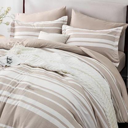 Bedsure Bed in a Bag California King Size 7 Pieces, Light Camel White Striped Bedding Comforter Sets All Season Bed Set, 2 Pillow Shams, Flat Sheet, Fitted Sheet and 2 Pillowcases