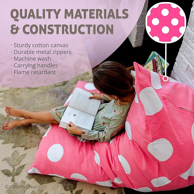 Butterfly Craze Bean Bag Chair Cover, Functional Toddler Toy Organizer, Fill with Stuffed Animals to Create a Jumbo, Comfy Floor Lounger for Boys or Girls, Stuffing Not Included, Pink Polka Dots