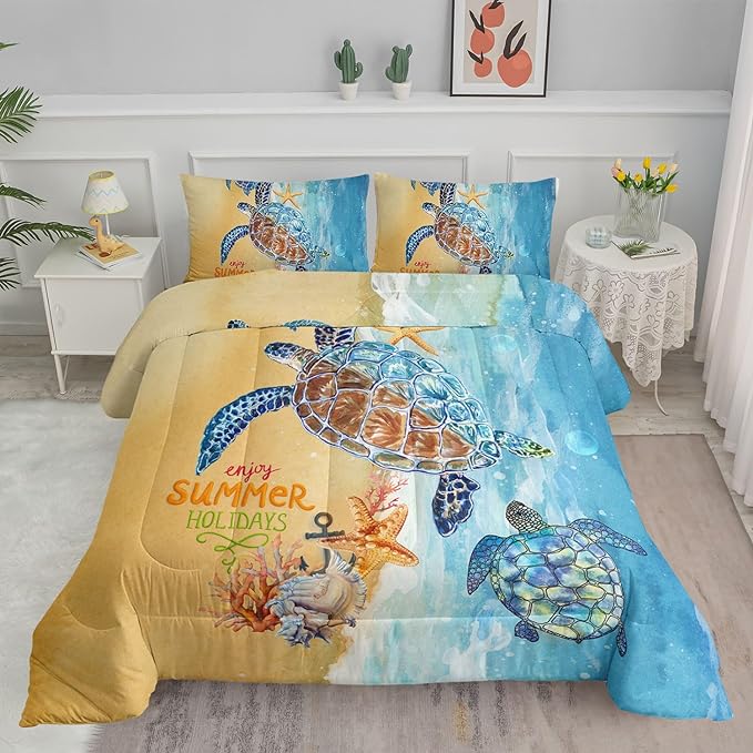 Datura home Beach Turtle Comforter Set Beach and Sea Turtle Printed Quilt Bedding Set with 1 Comforter and 2 Pillowcases for Boys and Girls Bedroom All Season(Beach Turtle Queen)