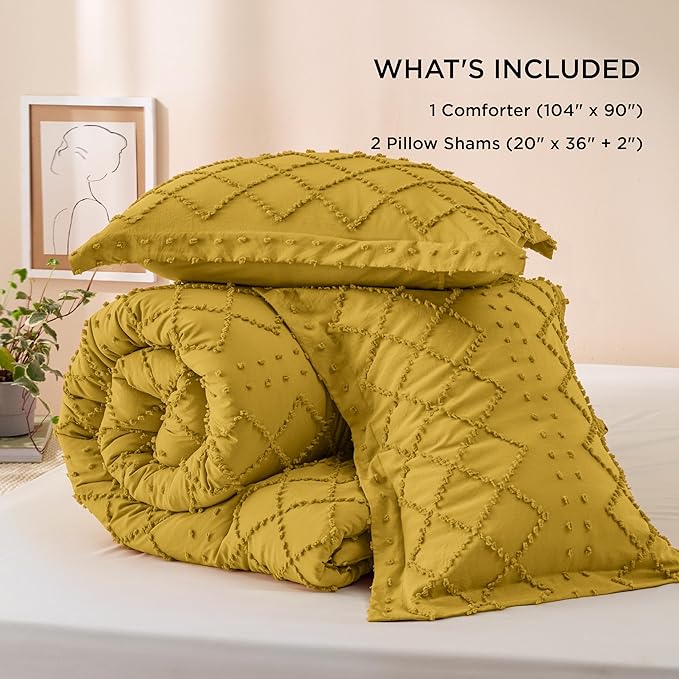 Bedsure King Size Comforter Set - Mustard Yellow Comforter, Boho Tufted Shabby Chic Bedding Comforter Set, 3 Pieces Farmhouse Bed Set for All Seasons, Fluffy Soft Bedding Set with 2 Pillow Shams