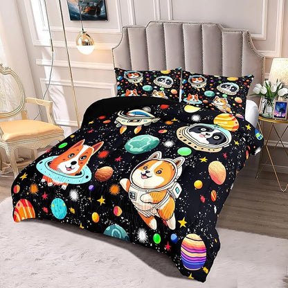 Dog Full Comforter Set for Boys Outer Space Dog Bedding Set Cute Cartoon Dog Astronaut Prints Bedding Kids Comforter Sets 3 Pieces Funny Space Dog Full Size Quilt Set with 2 Pillowcases