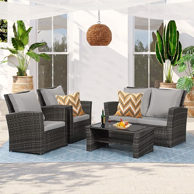4 Piece Patio Furniture Sets, All-Weather Wicker Conversation Sets, Outdoor Rattan Sectional Sofa Chair with Cushions and Coffee Table for balcony, garden, backyard, Grey