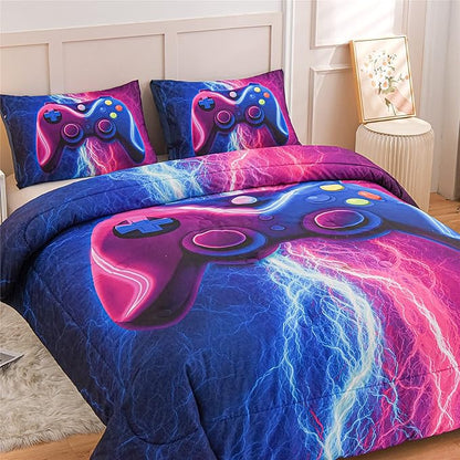 Meeting Story Gamer Gaming Bedding Sets Red Blue Lightnings Gamepad Comforter Set for Boys Games Console Action Buttons Novelty Colorful Modern Room Decor Home Quilt Set (Blue-Purple, Twin)