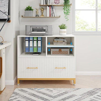 White Lateral File Cabinet with Drawer, 35.4" Modern Filing Cabinet with Adjustable Hanging Rod for Legal/Letter/A4 Size Files, Wood Printer Stand with Open Storage Spaces for Home Office