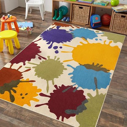 Colorful Area Rug, 5'x7' Classroom Rug for Kids, Paint Splash Washable Rug for Playroom, Non-Slip Rainbow Nursery Rug Soft Living Room Carpet for Bedroom Dining Room Kids Room