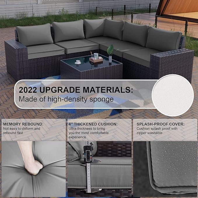 Kullavik 6PCS Outdoor Patio Furniture Set PE Wicker Rattan Sectional Sofa Patio Conversation Sets,Grey