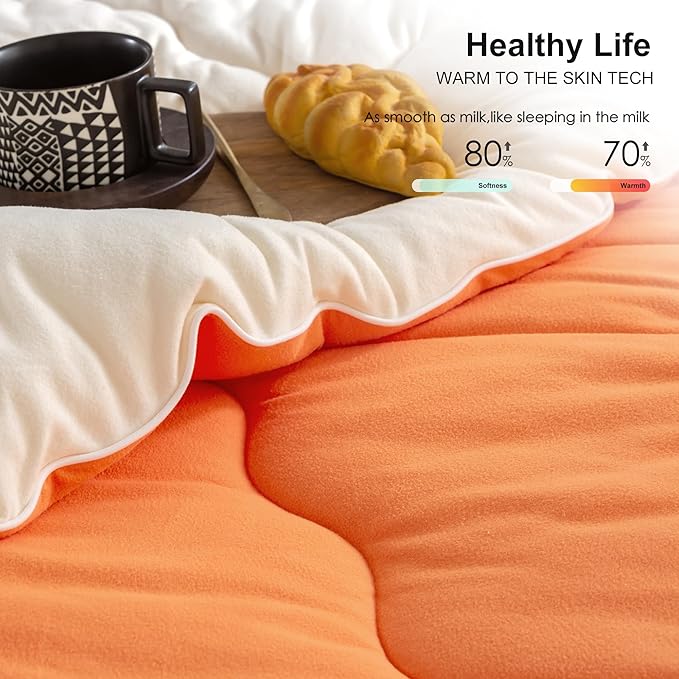COTTEBED Warm Reversible Ultra-Soft Burnt Orange and Beige Comforter Set Queen, Breathable Fluffy Bedding Down Comforters Sets &2 Pillowshams for Women Girls Winter, Full/Queen Size Bed