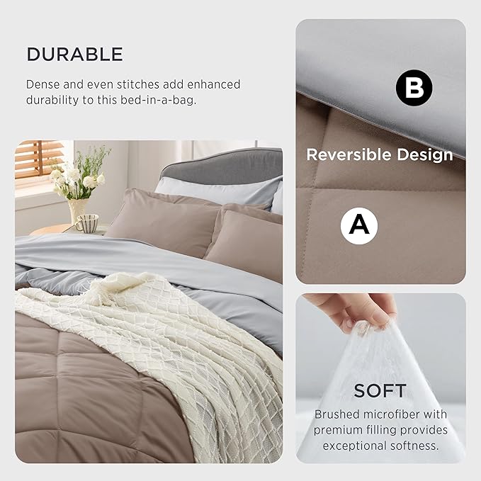Bedsure Taupe Twin XL Comforter Set - 5 Pieces Reversible Twin XL Bed in a Bag Twin XL Bed Set with Comforters, Sheets, Pillowcase & Sham, Twin XL Bedding Sets
