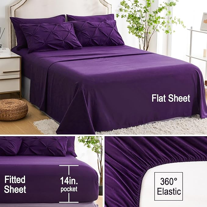 Ubauba 5pc Twin Size Comforter Set with Sheets, Purple Pintuck 5 Piece Bed in a Bag with Comforter, All Season Pinched Bedding Comforters & Sets (Purple,Twin)