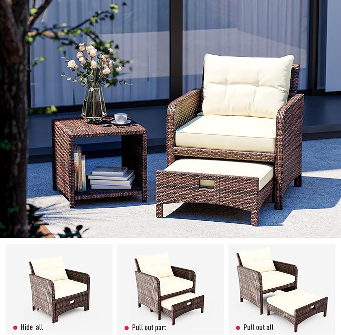 Pamapic 5 Pieces Outdoor Patio Wicker Chairs Set with Ottoman, Outside Conversation Furniture Set with Cushions and Coffee Table for Balcony Porch Lawn Garden (Cream Cushion+ Umber Rattan)