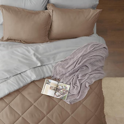 Bedsure Brown California King Size Comforter Set - 7 Pieces Reversible California King Bed in a Bag, California King Brown and Grey Bed Set with Comforters, Sheets, Pillowcases & Shams