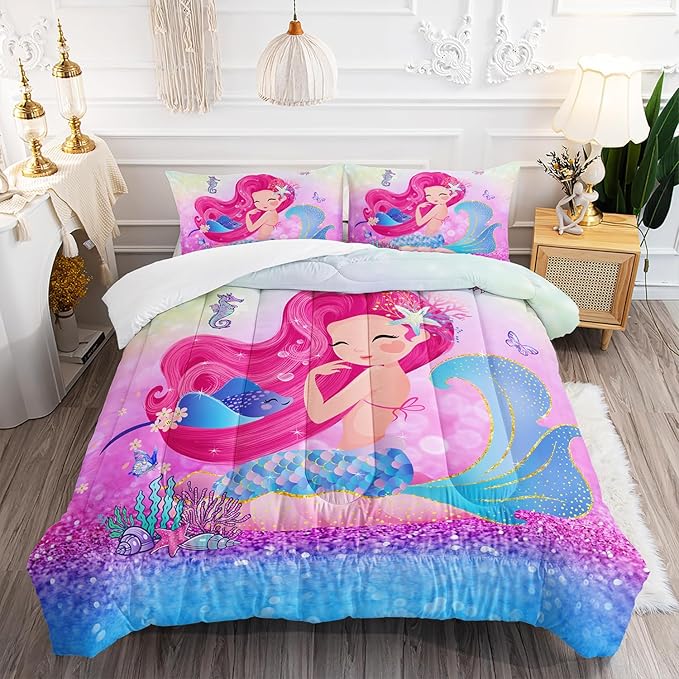 Mermaid Butterfly Comforter Set Twin Size Fairy Tale Sea Shell Grass Bedding Set Colorful Rainbow Quilt Bed Set for Kid Girls with 1 Comforter and 2 Pillowcases