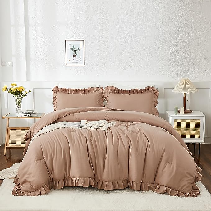 Andency Taupe Queen Comforter Set(90x90Inch), 3 Pieces(1 Ruffle Comforter and 2 Pillowcases) Solid Bedding Comforter Sets for Queen Bed, Lightweight and Fluffy Soft Microfiber Bedding Set
