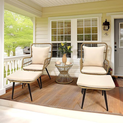Pamapic Outdoor Patio Bistro Set with Ottoman 5 Piece Rattan Wicker Conversation Chair Sets Balcony Furniture Chairs for Yard Garden Porch Backyard Poolside, Beige