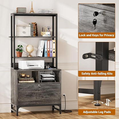 Homieasy File Cabinet with Charging Station, Vertical Filing Cabinet with Lock & Large Drawer, Printer Stand with Storage Shelves, Office Storage Cabinet fits Letter/A4/Legal Size, Grey
